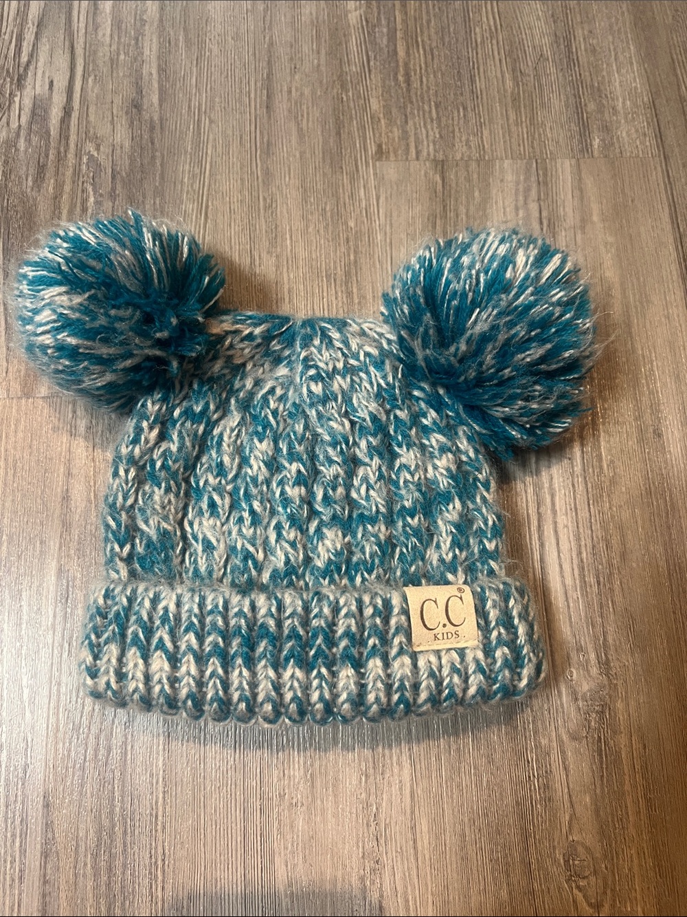 C.C. Boutique Teal and Cream Double Pom Pom Kids Hat
